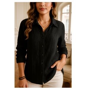 KAILEIGH Black Long Sleeve Button Down Blouse Size XL
